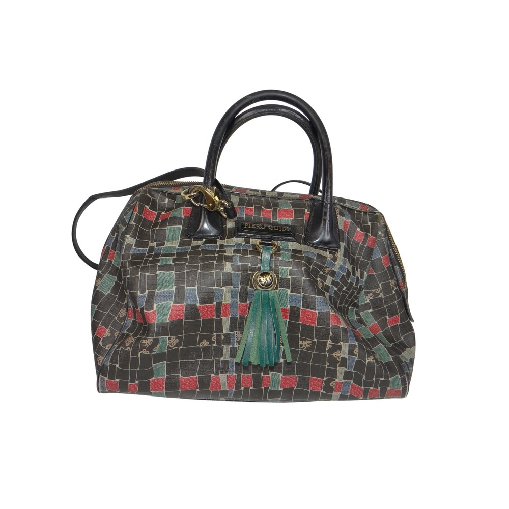 Piero Guidi Magic Circus Satchel Handbag Black Multi Geometric Print Italy 4050